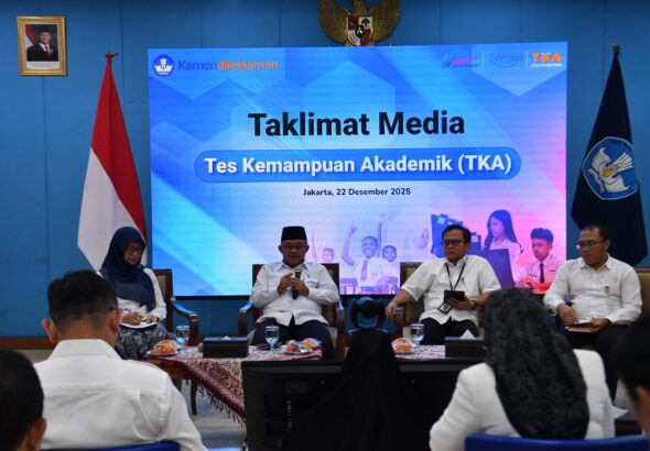 Mendikdasmen, Abdul Mu'ti saat penyampaian di Taklimat Media terkait Tes Kemampuan Akademik (TKA), Senin (22/12/2025)